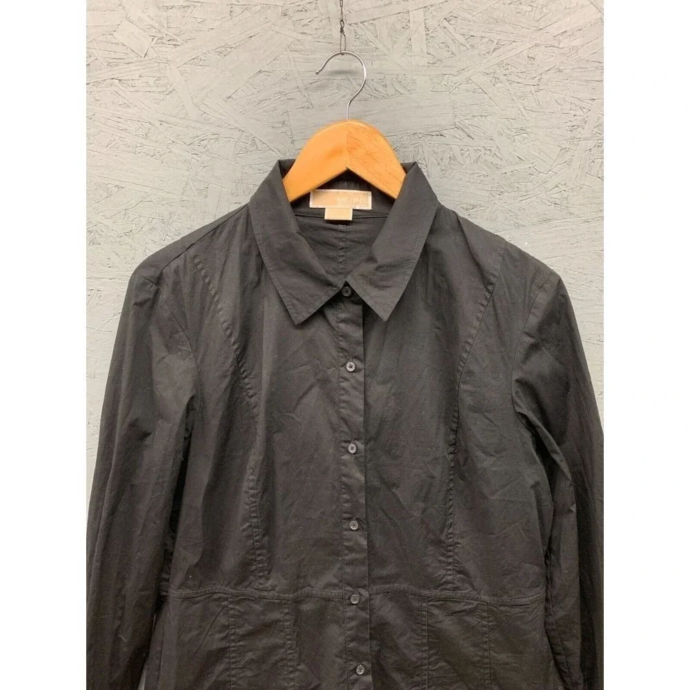 Michael Kors Button Front Shirt Womens L Black Tailored Long Sleeve Office Top